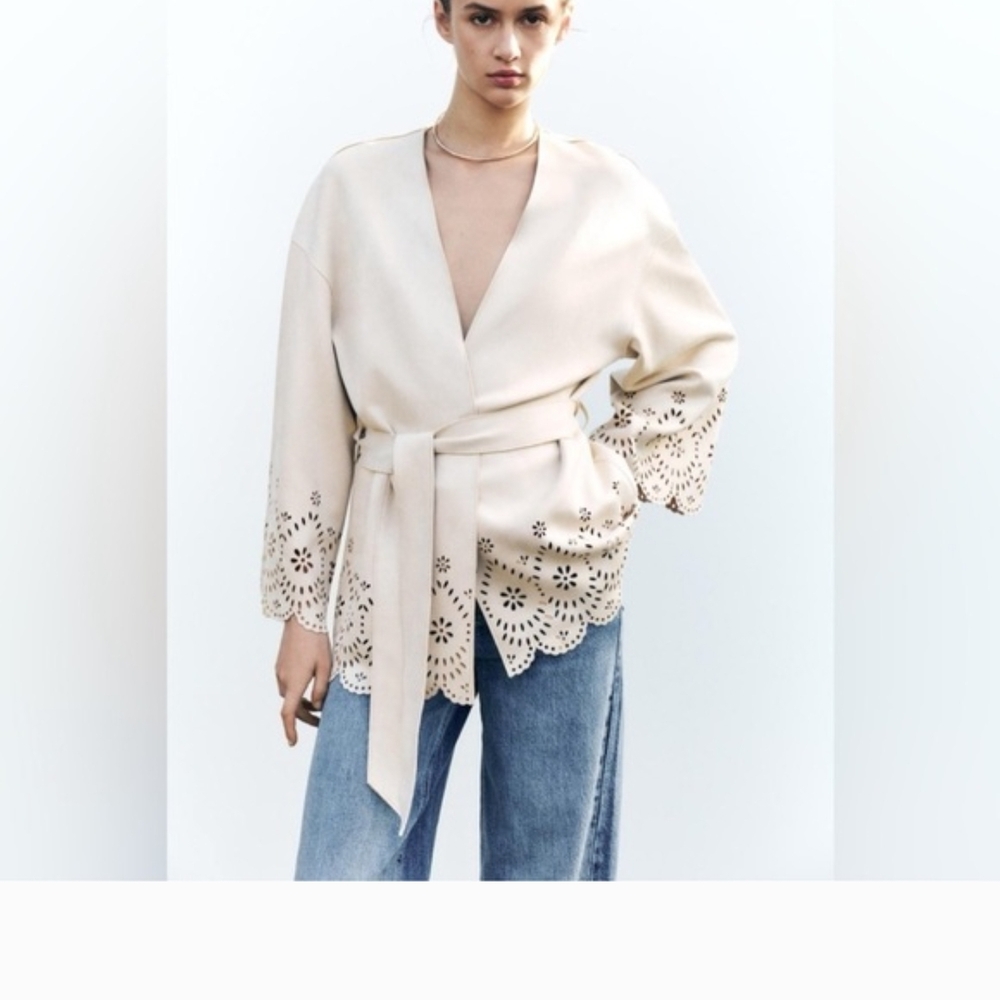 Zara Die Cut Suede Effect Cream Belted Cardigan Trench Coat Sz XS-S *Flaw Spring